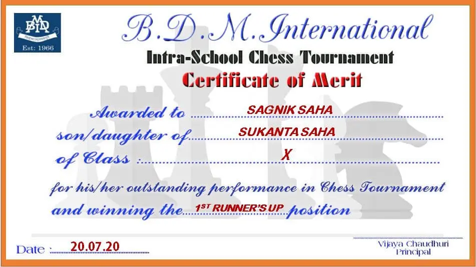 Firs Runner up Sagnik Saha Class X